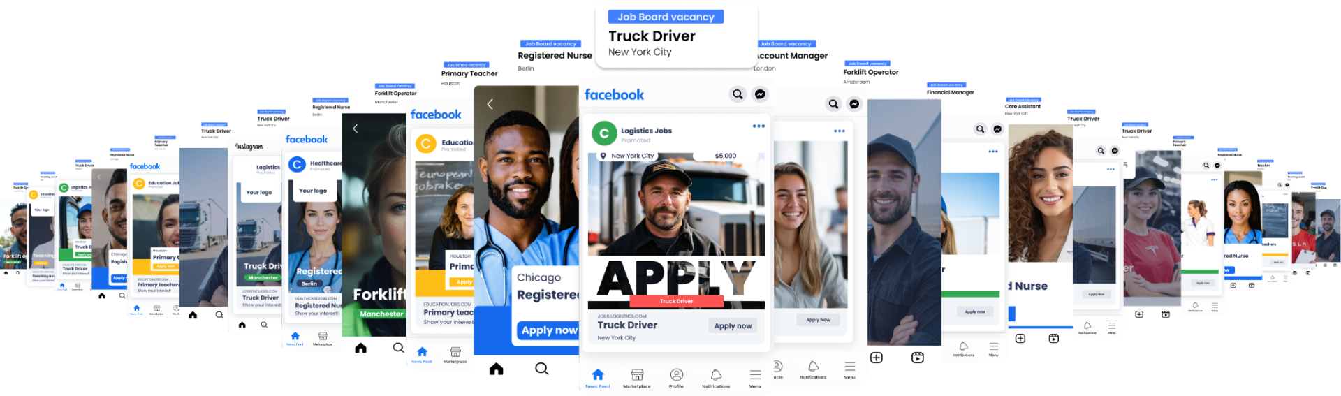 Examples of AI-generated Facebook and Instagram direct-apply ads for roles including truck driver, registered nurse, primary teacher, forklift operator and account manager